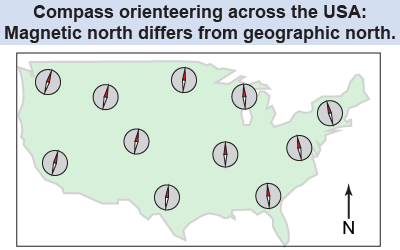 Map of North America showing the direction of magnetic north at a series of locations